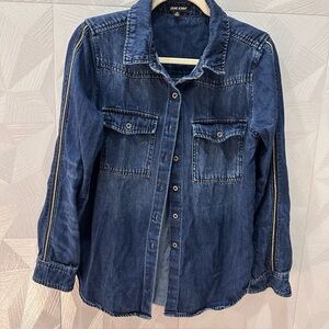 Anthropologie Dear John Denim Shirt Shacket Jean Jacket Silver Sleeve Detail XS